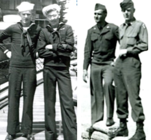 Able Seaman Tom Camfield (left above) and shipmate “Fish” Finnell, destroyer USS John A Bole, DD 755 Ketchikan, Alaska, July 1947; Pvt. Tom Camfield (right, above) and fellow soldier Jack Johnston, Camp Mandell, Calif., (near Golden Gate Bridge and Presidio of San Francisco), Jan. 1951.